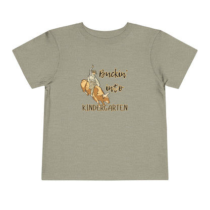Comfortable toddler tee stating 'Buckin' into Kindergarten' in color heather stone
