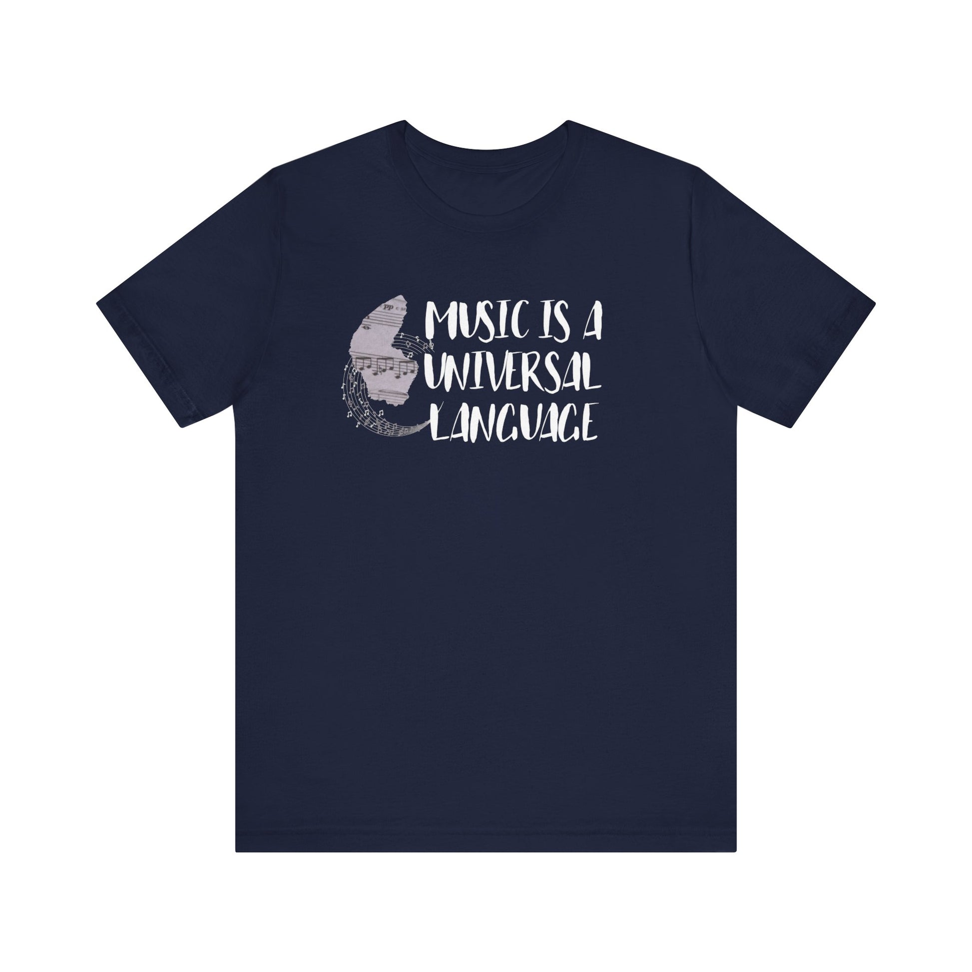 Unisex graphic good vibes tee stating 'Music is a universal language' in color navy
