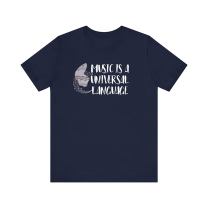 Unisex graphic good vibes tee stating 'Music is a universal language' in color navy