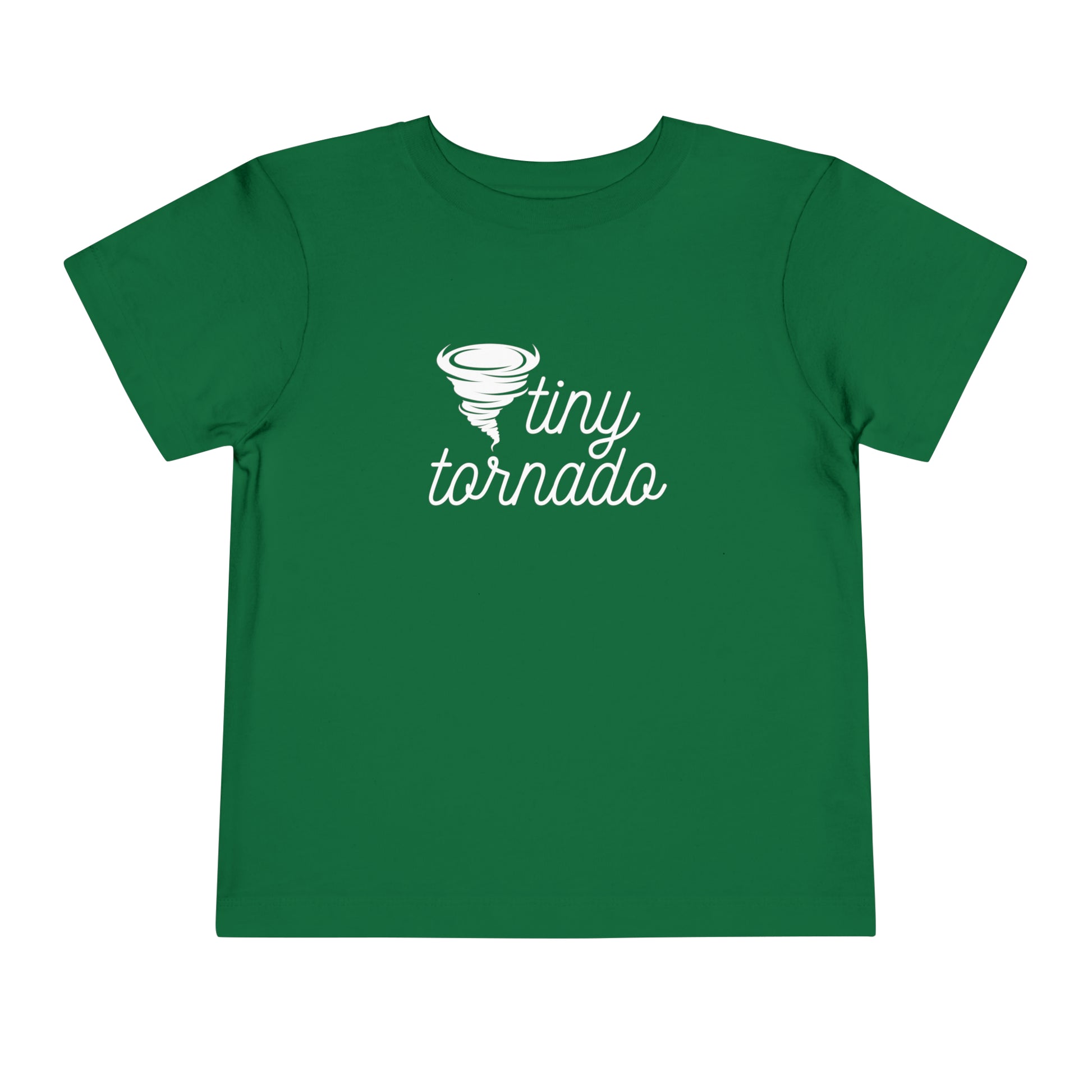 Comfortable funny graphic toddler tee stating 'Tiny Tornado' in color kelly