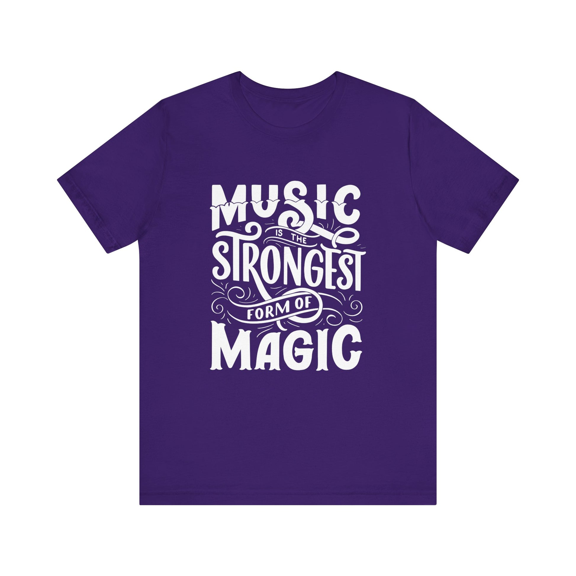 A comfortable good vibes tee stating 'Music is the strongest form of magic' in color purple