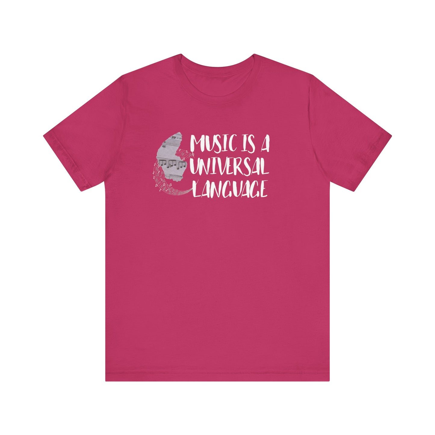 Unisex graphic good vibes tee stating 'Music is a universal language' in color berry