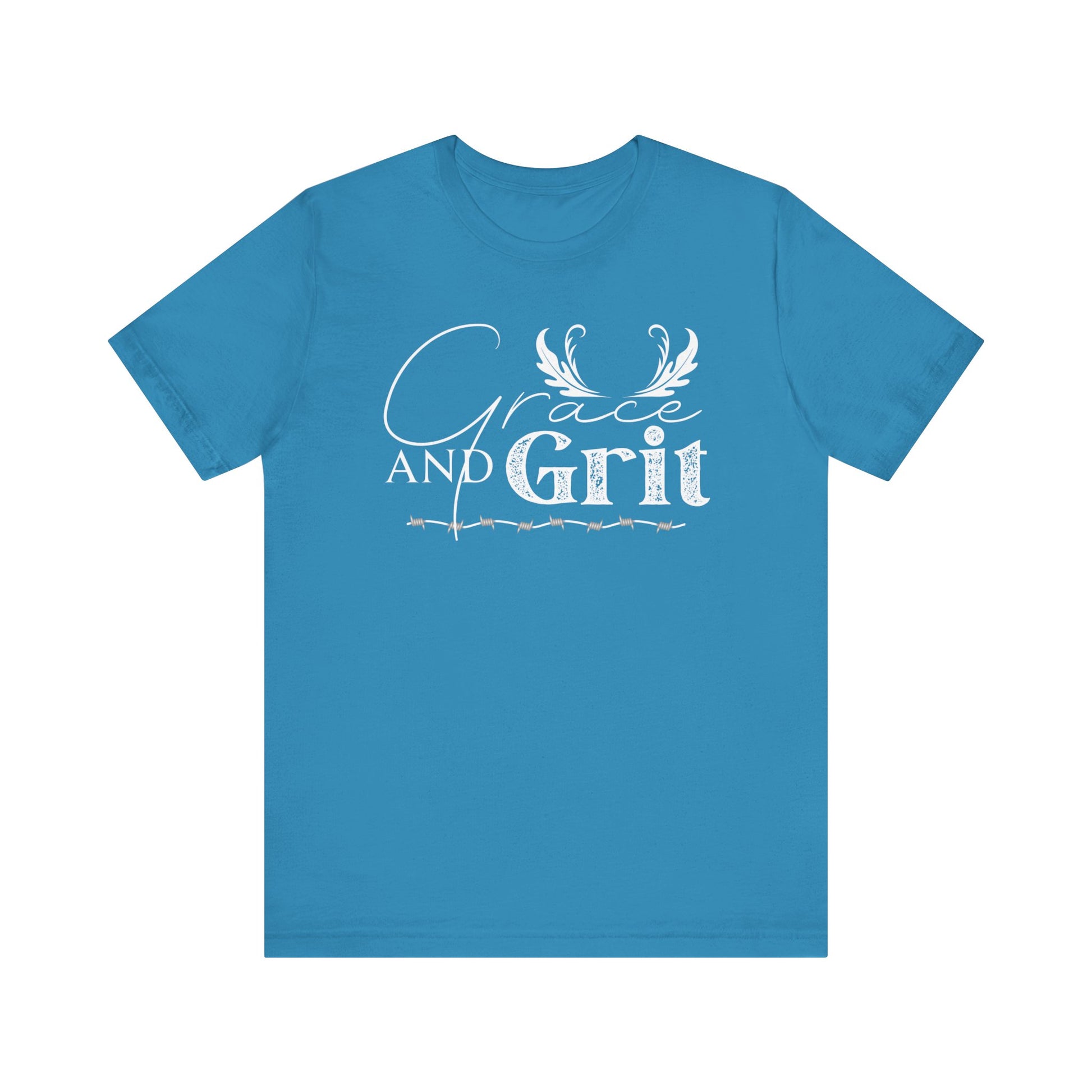 Comfortable southern tee stating 'Grace and Grit' in color aqua