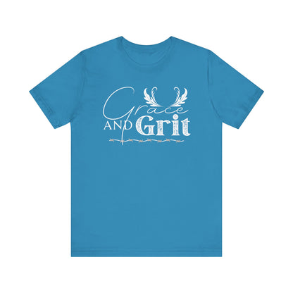 Comfortable southern tee stating 'Grace and Grit' in color aqua