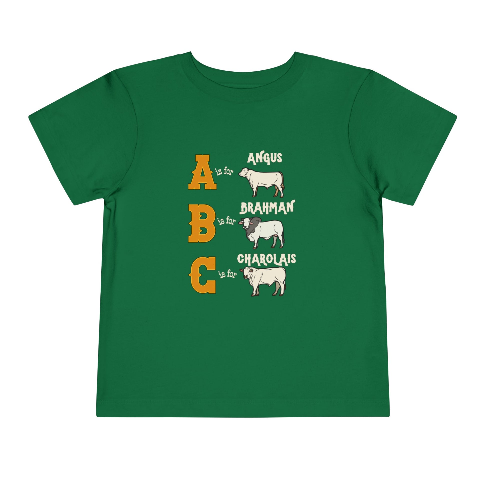 Comfy southern toddler tee stating 'A is for Angus. B is for Brahman. C is for Charolais.' in color kelly