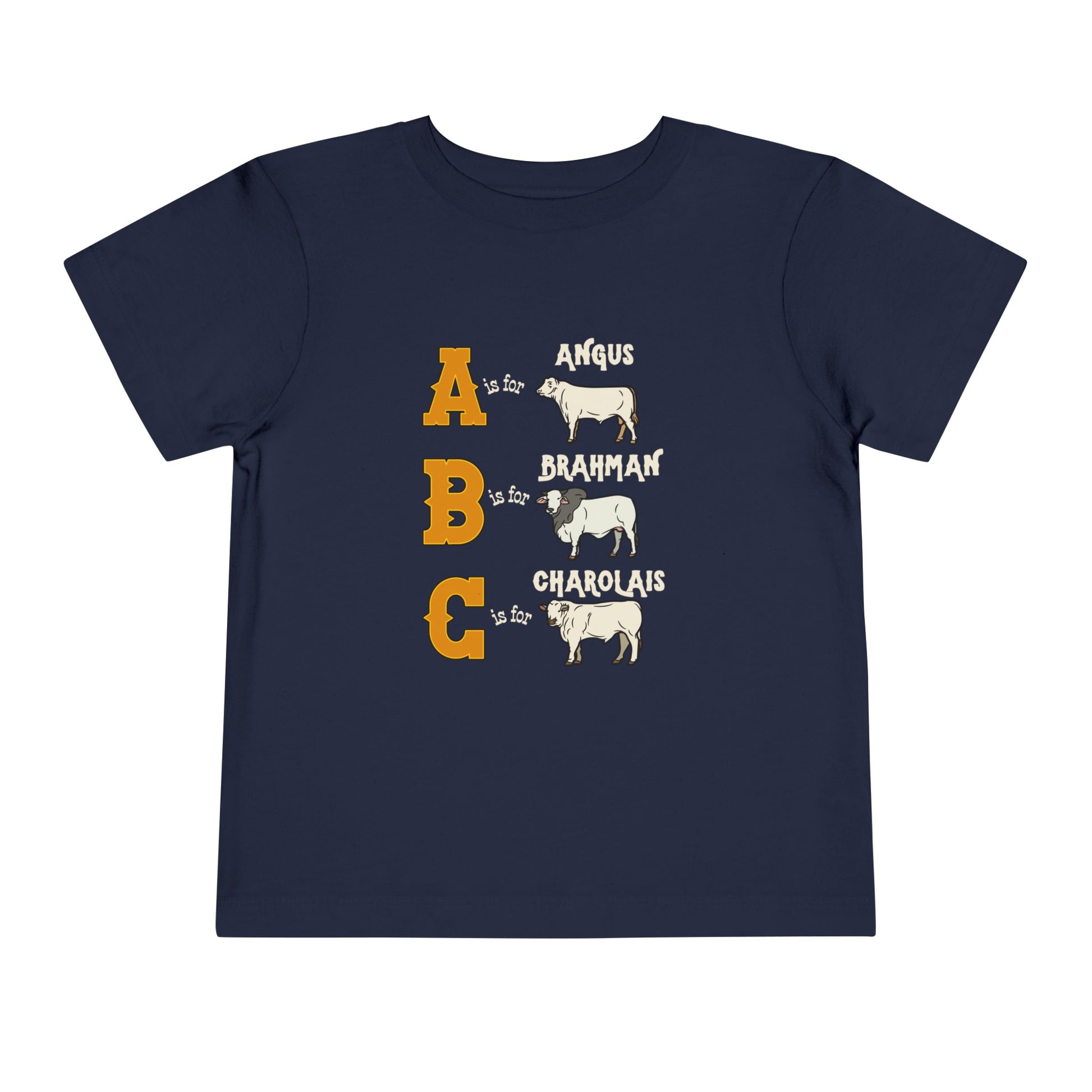 Comfy southern toddler tee stating 'A is for Angus. B is for Brahman. C is for Charolais.' in color navy