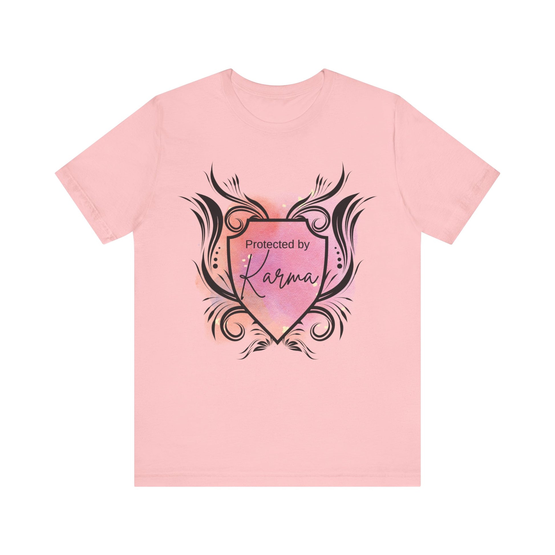 graphic tee stating Protected By Karma in color pink