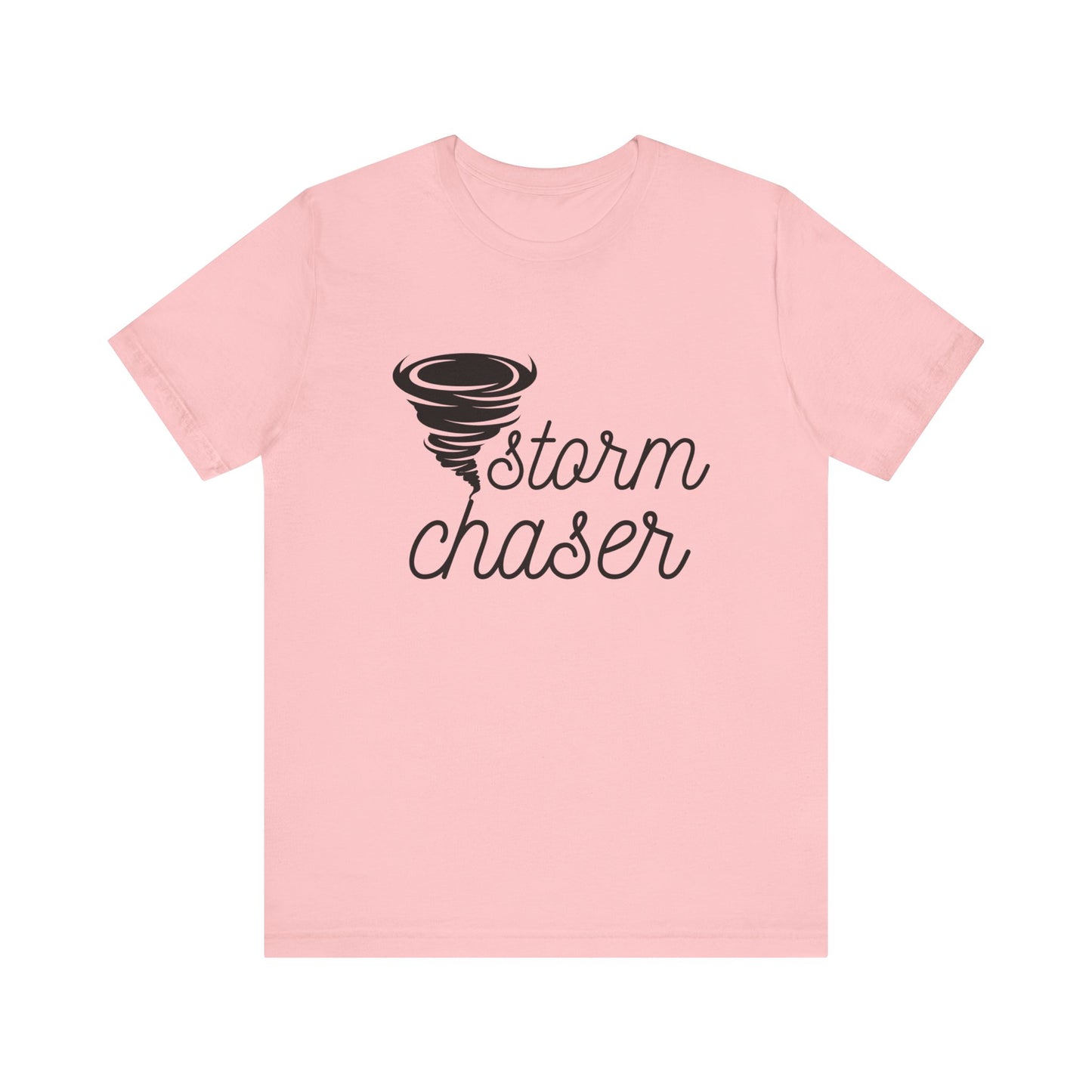 Comfortable graphic tee stating 'Storm Chaser' in color pink