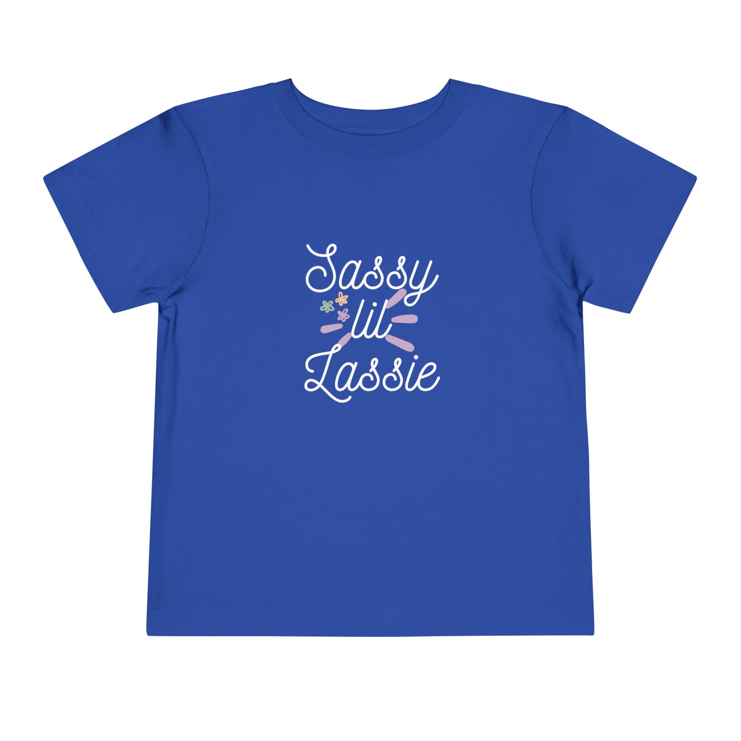 Comfortable funny graphic toddler tee stating 'Sassy Lil Lassie' in color  true royal