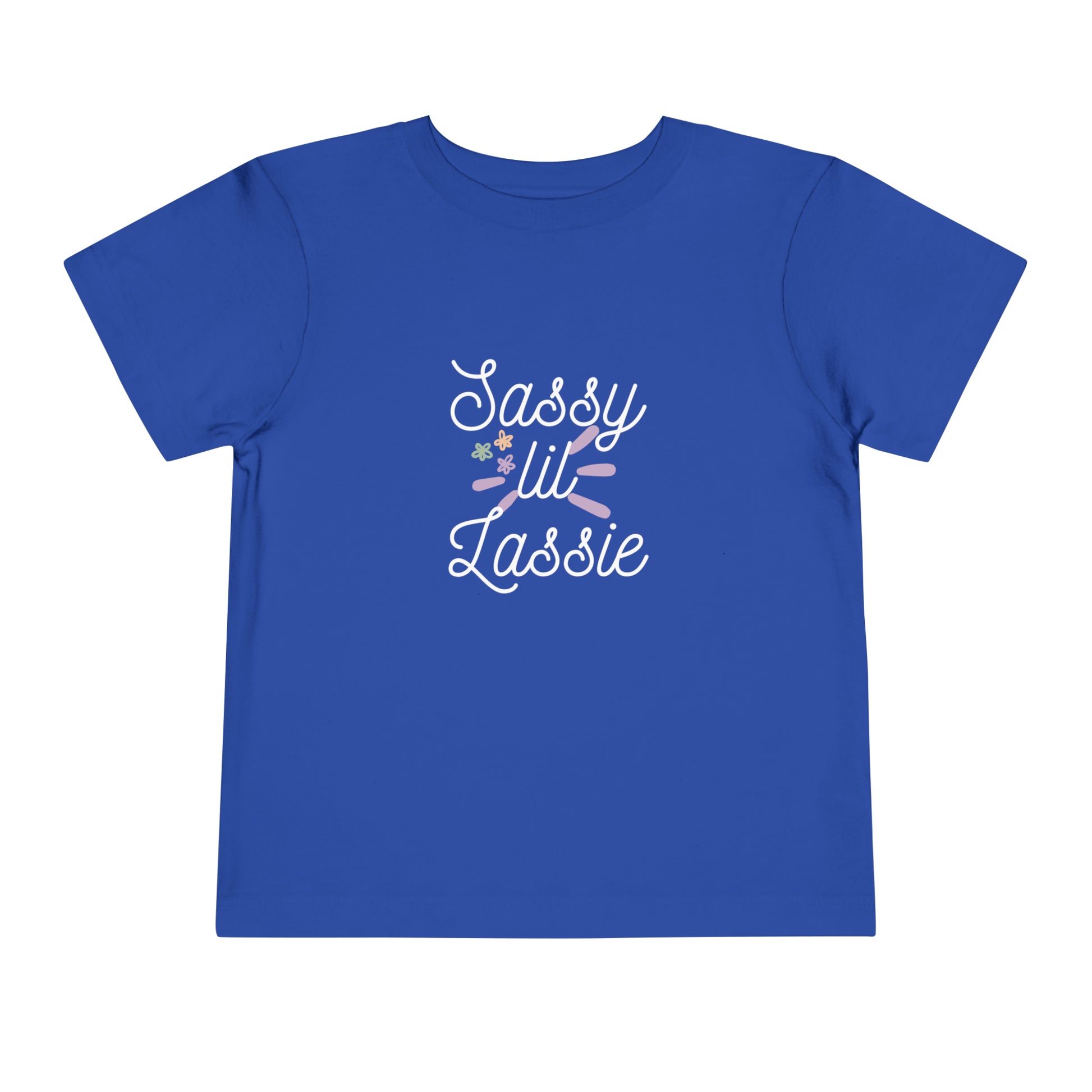Comfortable funny graphic toddler tee stating 'Sassy Lil Lassie' in color  true royal
