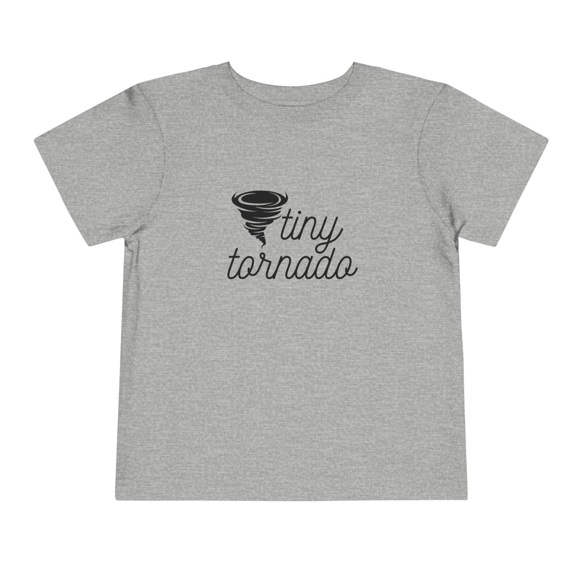 Comfortable funny graphic toddler tee stating 'Tiny Tornado' in color athletic heather