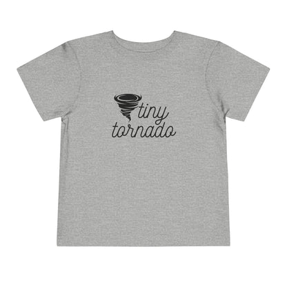 Comfortable funny graphic toddler tee stating 'Tiny Tornado' in color athletic heather