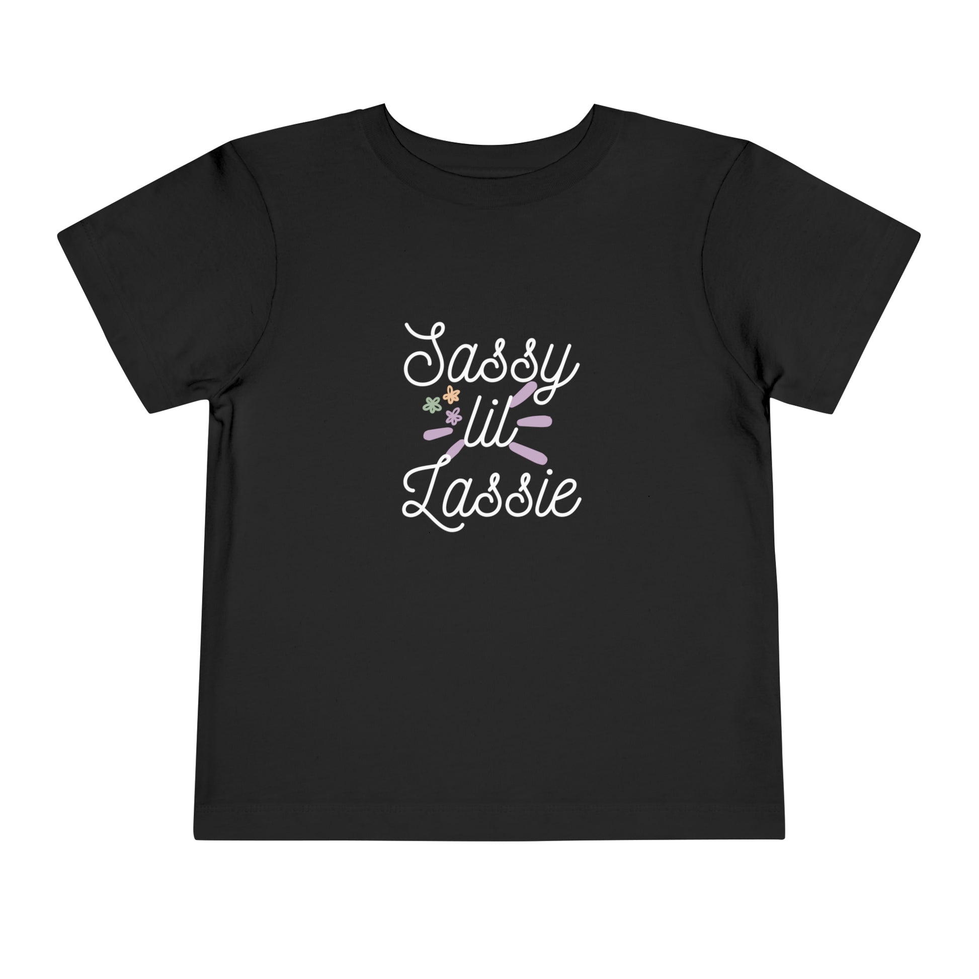 Comfortable funny graphic toddler tee stating 'Sassy Lil Lassie' in color black