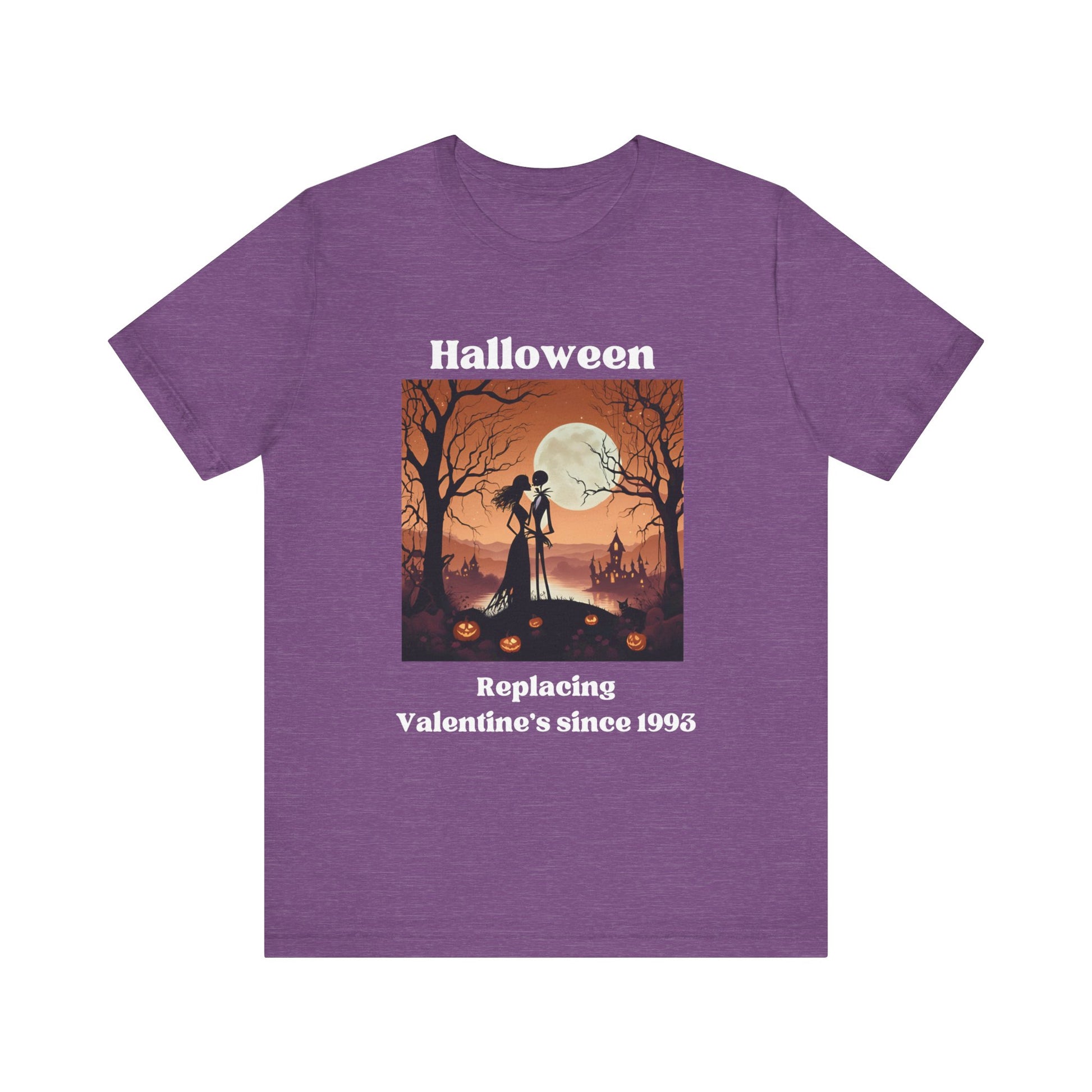 Comfy unisex tee stating 'Halloween replacing Valentine's since 1993' in color team purple heather