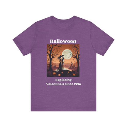 Comfy unisex tee stating 'Halloween replacing Valentine's since 1993' in color team purple heather