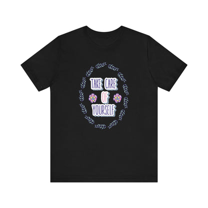 Woman's good vibe graphic tee stating 'Take Care of Yourself' in color black