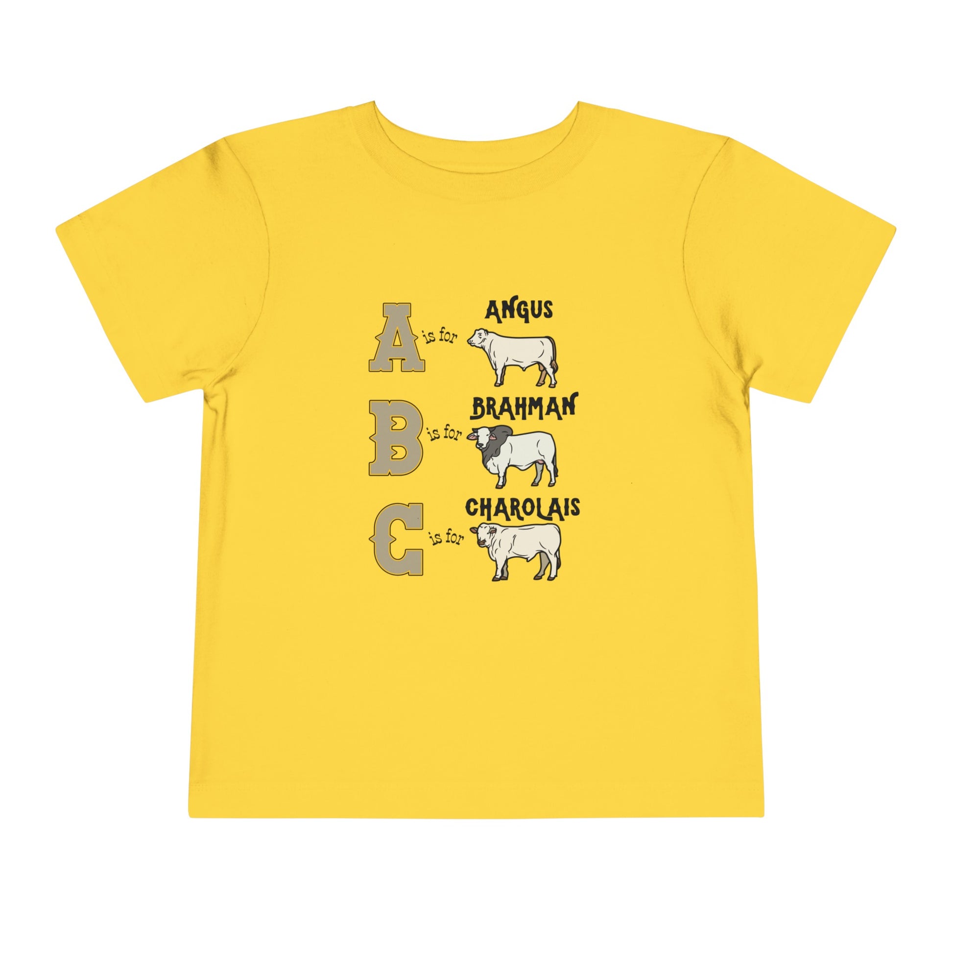 Comfy southern toddler tee stating 'A is for Angus. B is for Brahman. C is for Charolais.' in color yellow