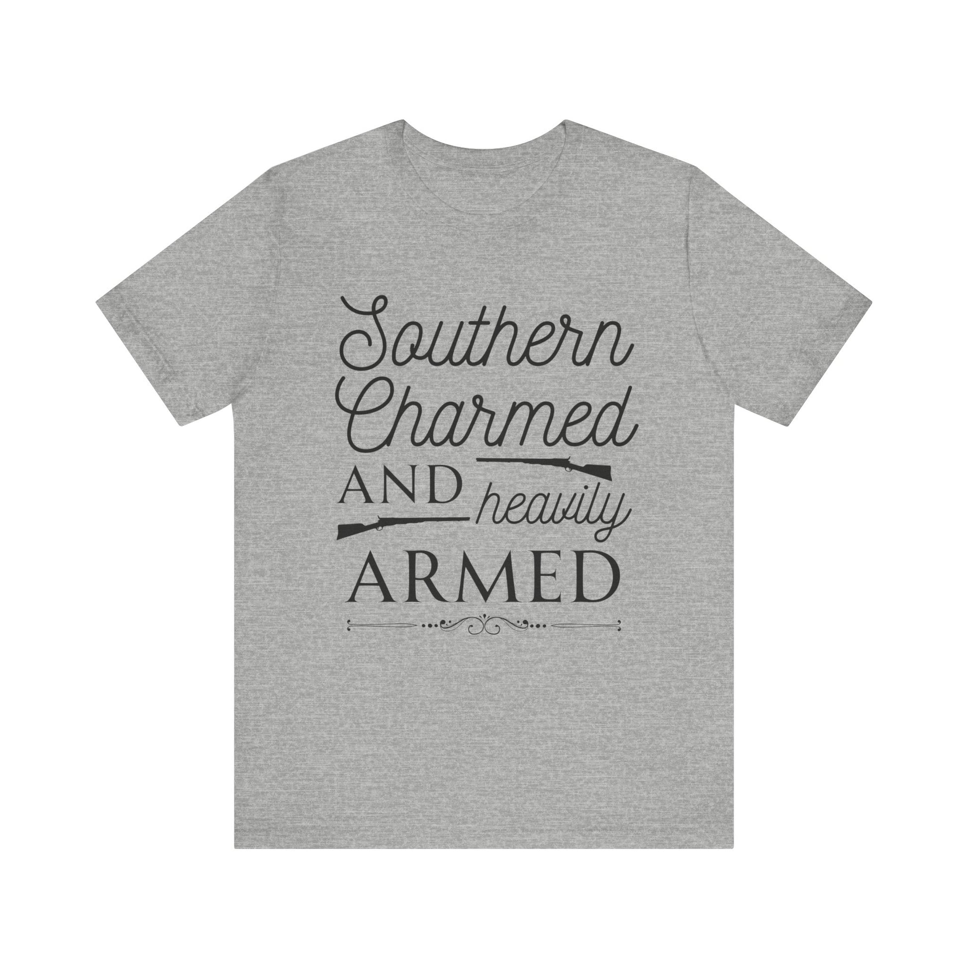 Adult unisex t-shirt stating 'Southern Charmed and Heavily Armed' in color athletic heather
