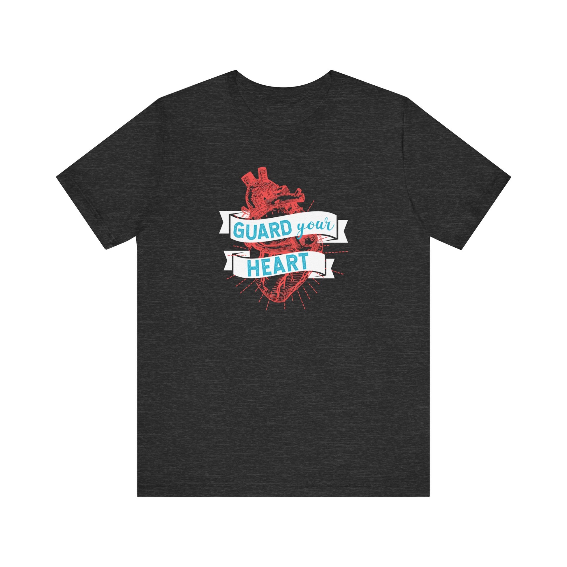 A cotton graphic tee stating 'Guard Your Heart' in color dark grey heather
