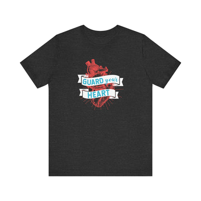 A cotton graphic tee stating 'Guard Your Heart' in color dark grey heather