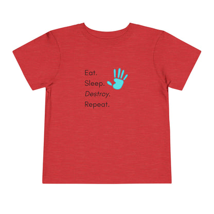 Comfortable funny graphic toddler tee stating 'Eat. Sleep. Destroy. Repeat' in color heather red