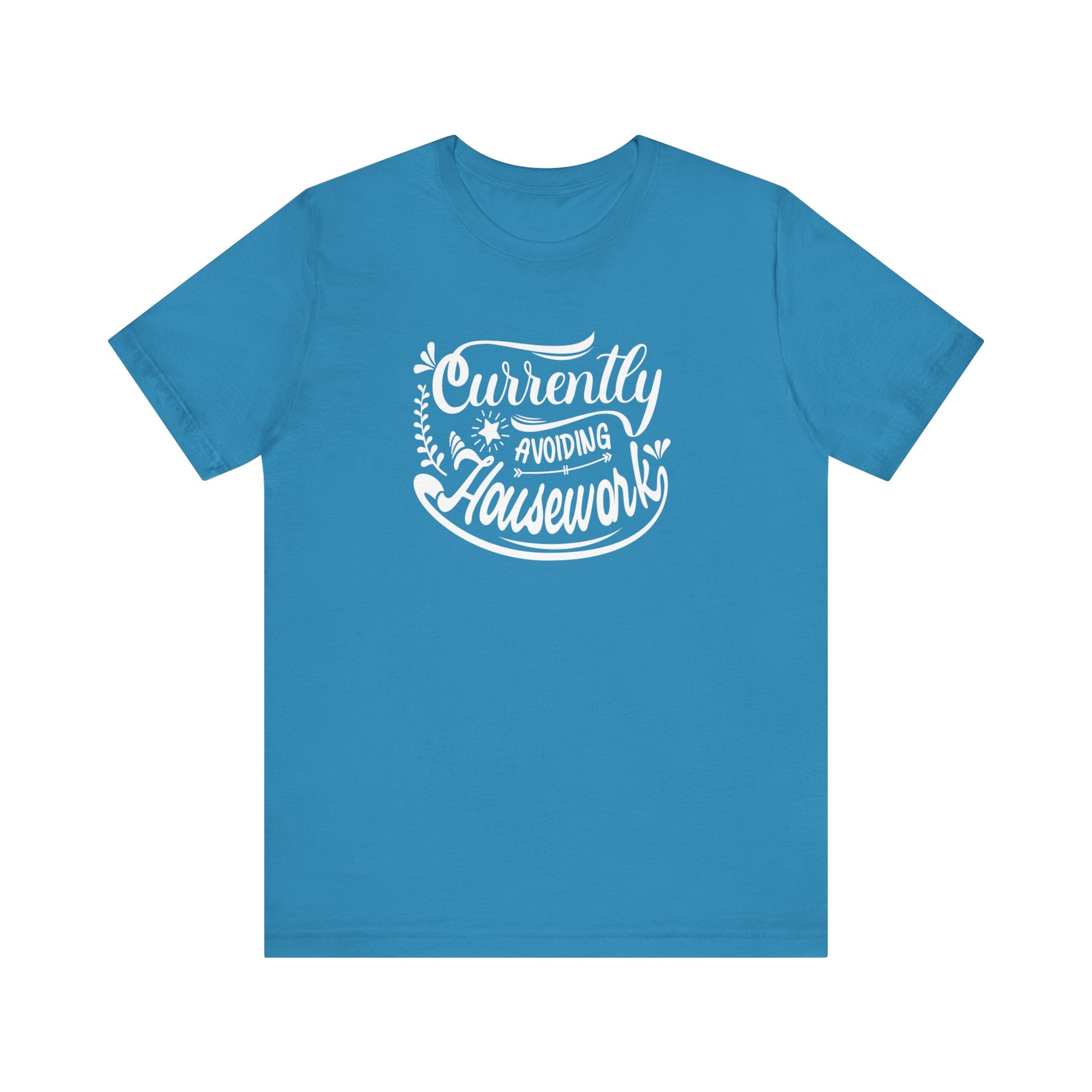 Graphic t-shirt stating 'Currently Avoiding Housework' in color aqua