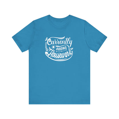 Graphic t-shirt stating 'Currently Avoiding Housework' in color aqua