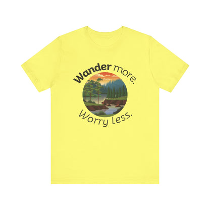 Cotton t-shirt stating 'Wander more. Worry less.' in color yellow