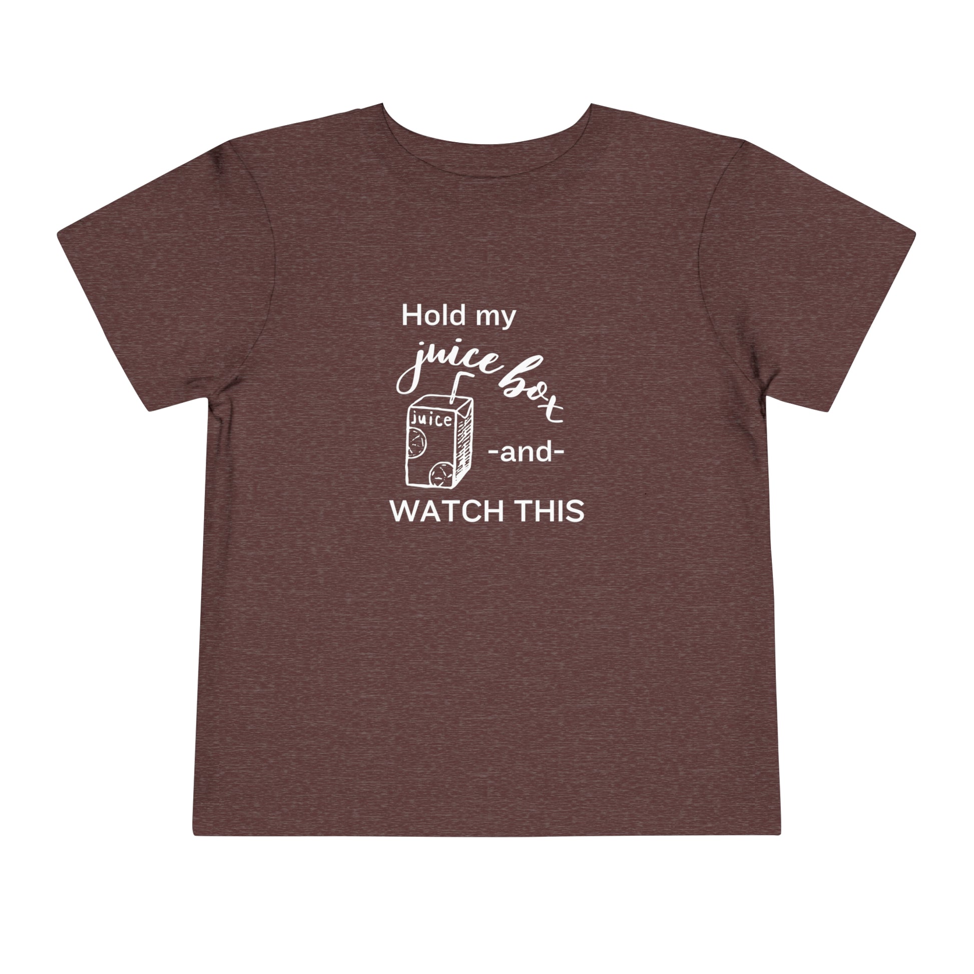Comfortable funny graphic toddler tee stating 'Hold my juice box and watch this' in color heather maroon
