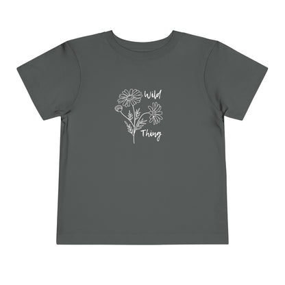 Comfortable funny graphic toddler tee stating 'wild thing' in color  asphalt