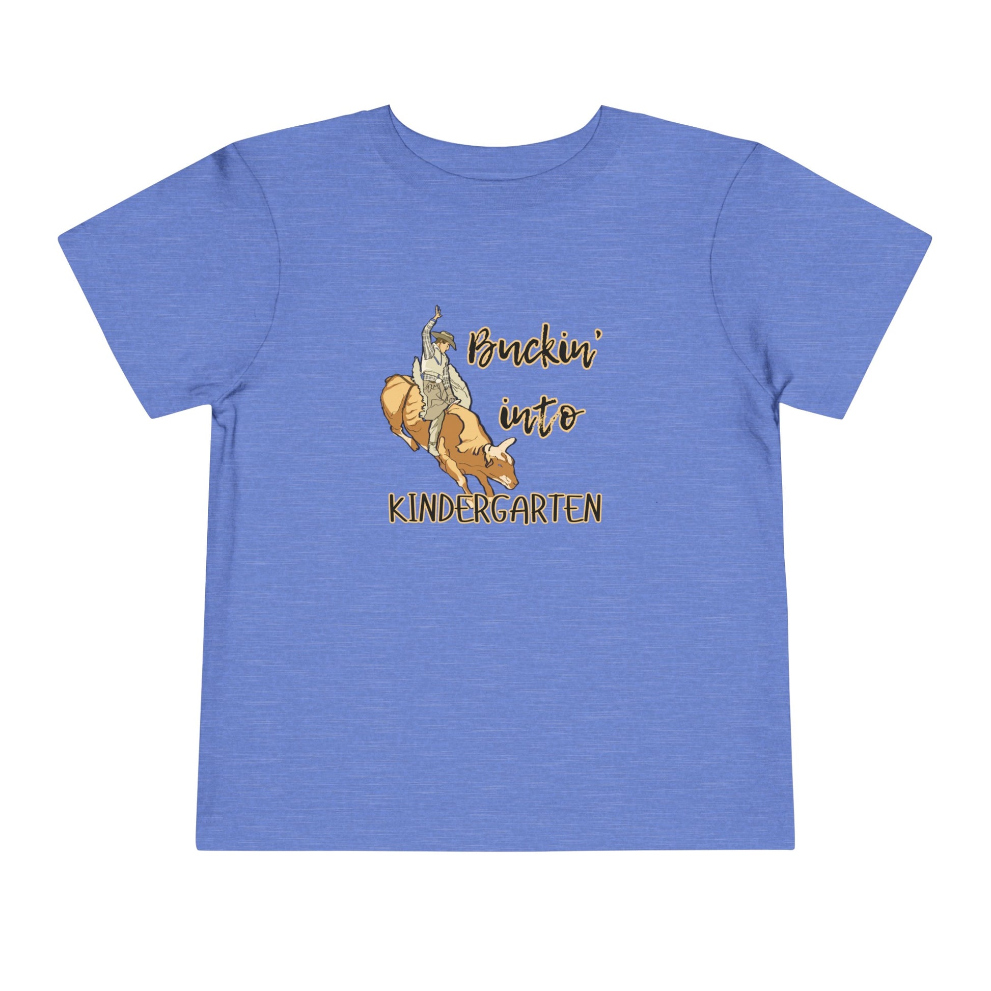 Comfortable toddler tee stating 'Buckin' into Kindergarten' in color heather columbia blue