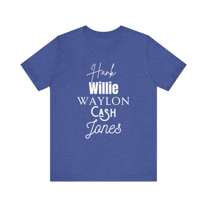 Comfortable Southern Tee stating 'Hank, Willie, Waylon, Cash, Jones' in color heather true royal