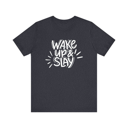 Women's good vibes graphic tee stating 'Wake up and slay' in color navy heather