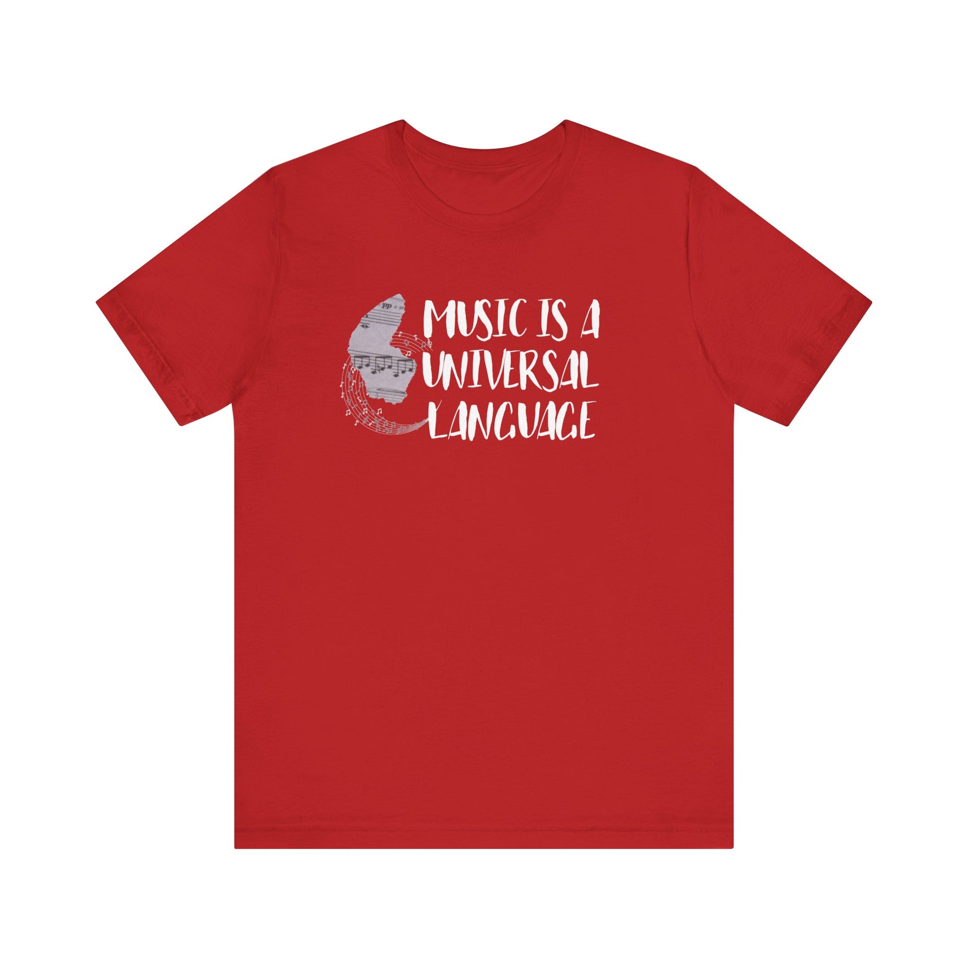 Unisex graphic good vibes tee stating 'Music is a universal language' in color red