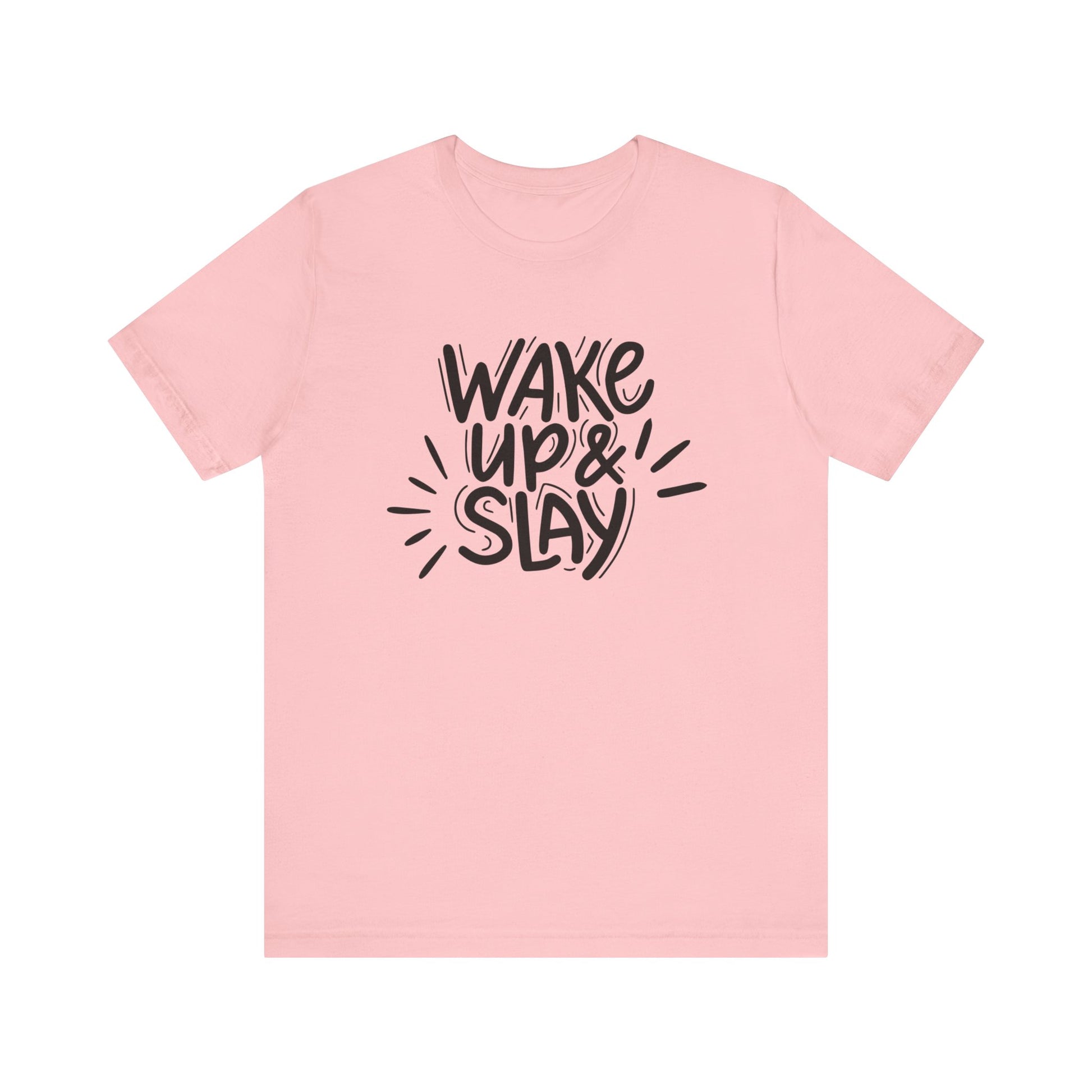 Women's good vibes graphic tee stating 'Wake up and slay' in color pink