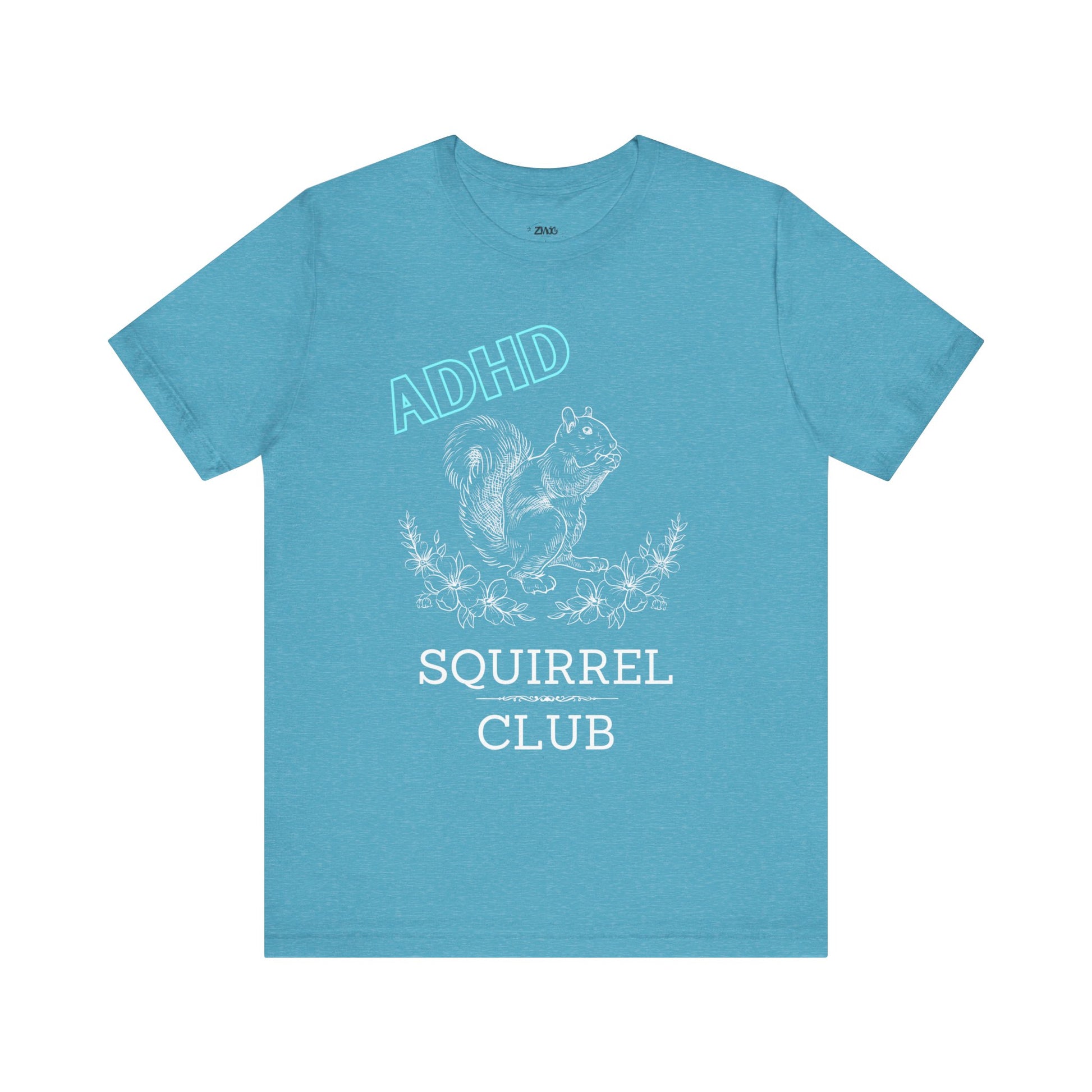 Comfortable women graphic tee stating 'ADHD Squirrel Club' in color heather aqua