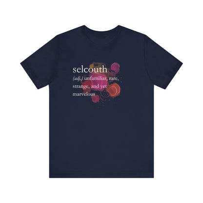 Comfortable women's good vibes tee that states 'selcouth (adj.) unfamiliar, rare, strange, and yet marvelous' in color navy