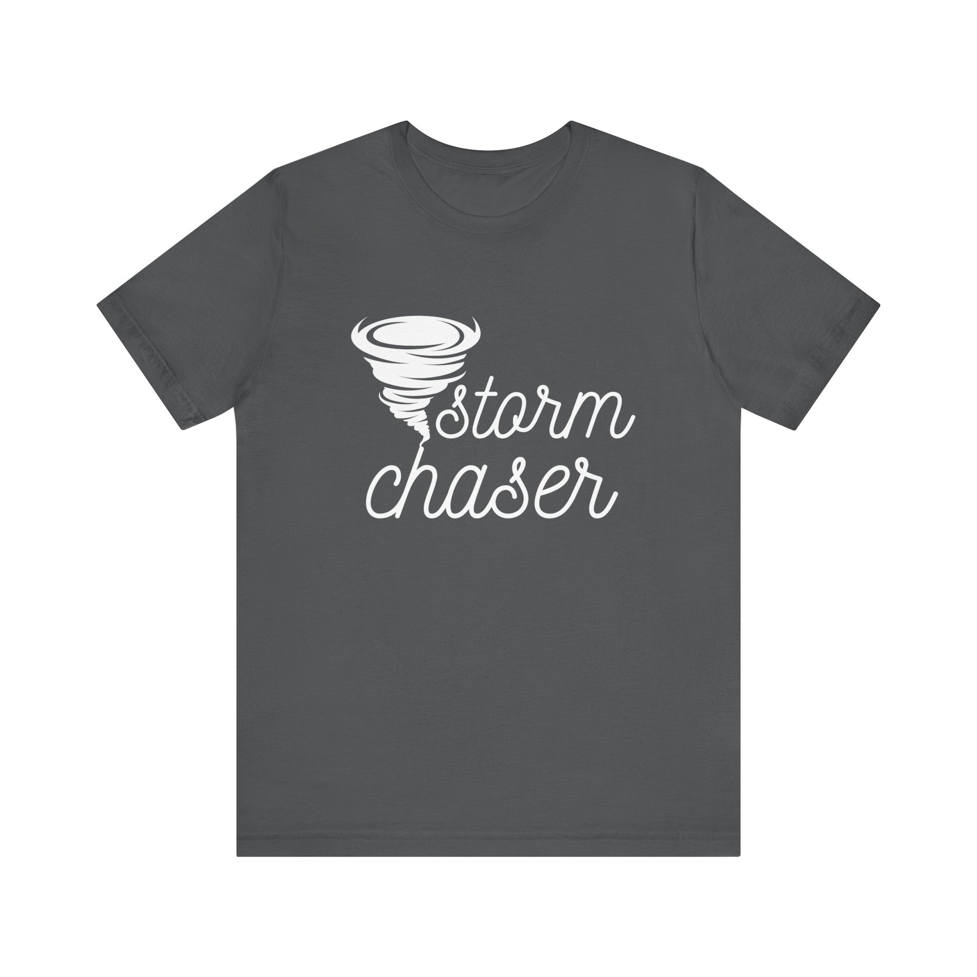 Comfortable graphic tee stating 'Storm Chaser' in color asphalt