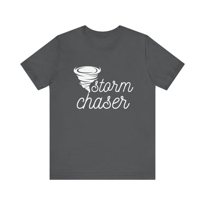 Comfortable graphic tee stating 'Storm Chaser' in color asphalt
