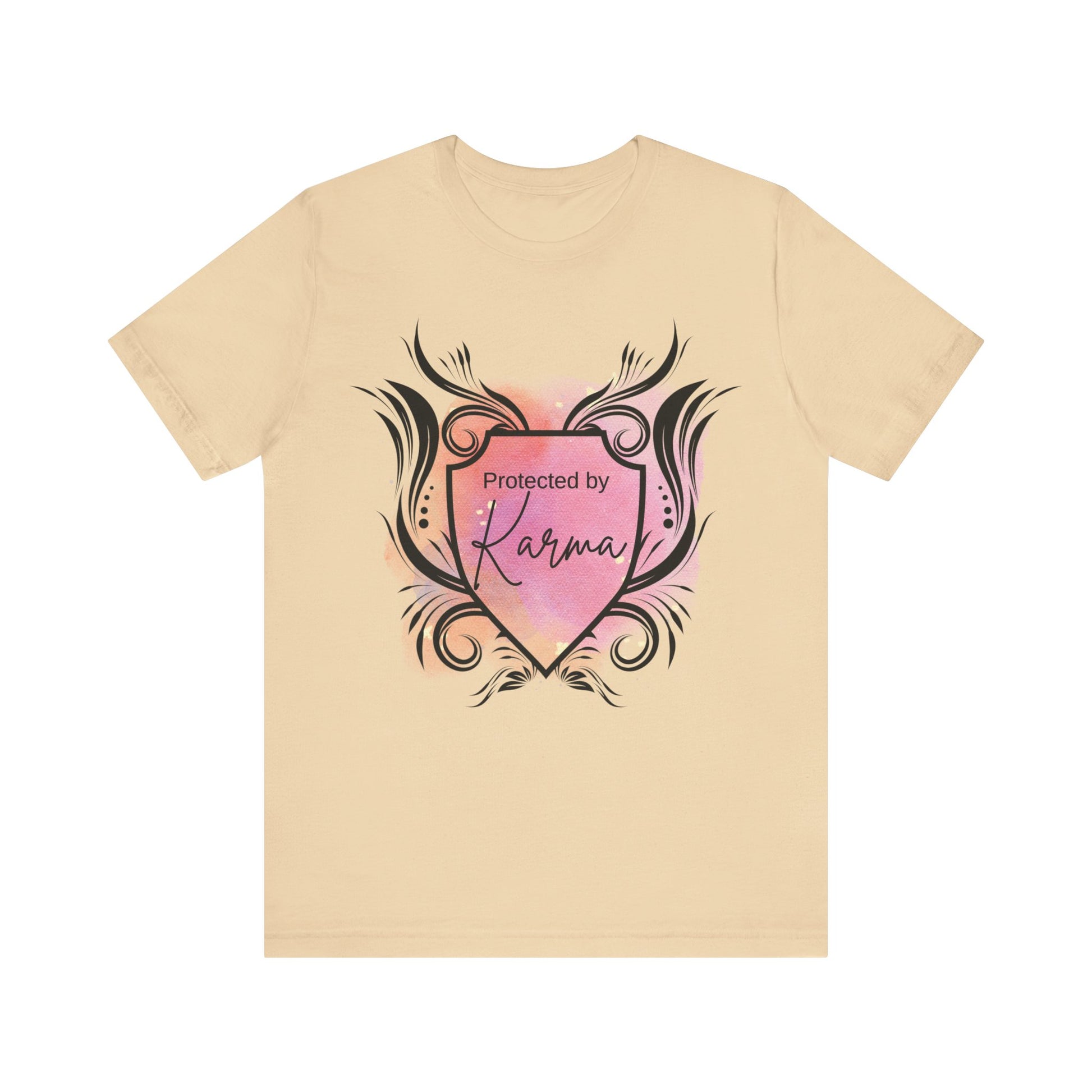 graphic tee stating Protected By Karma in color soft cream