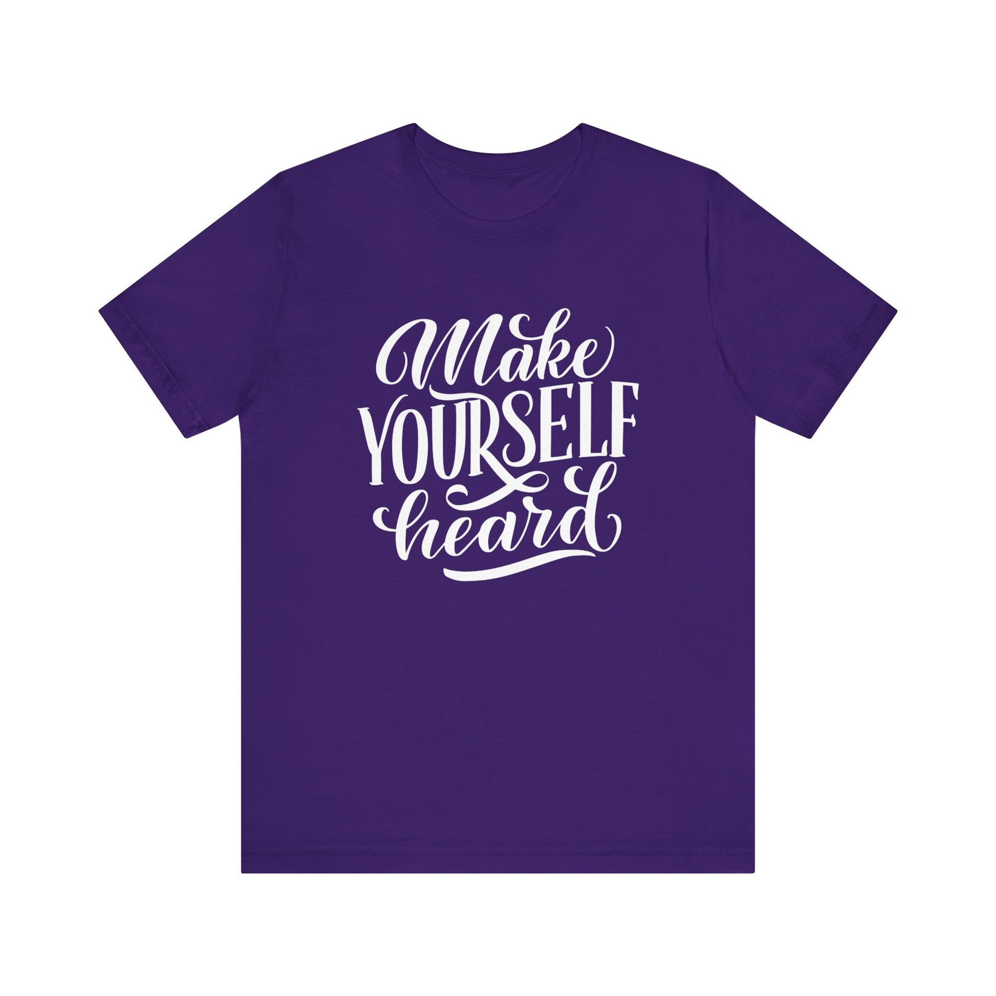 Good vibes graphic tee stating 'Make Yourself Heard' in color purple