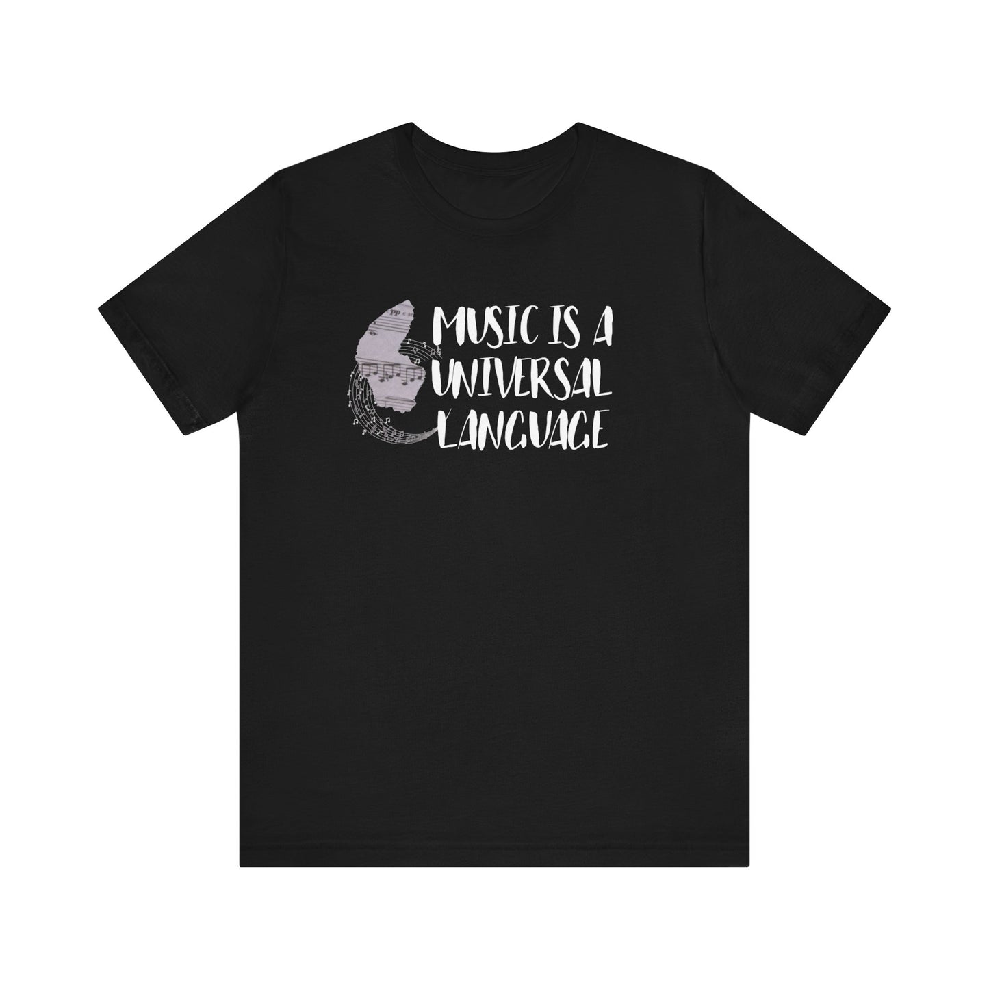 Unisex graphic good vibes tee stating 'Music is a universal language' in color black