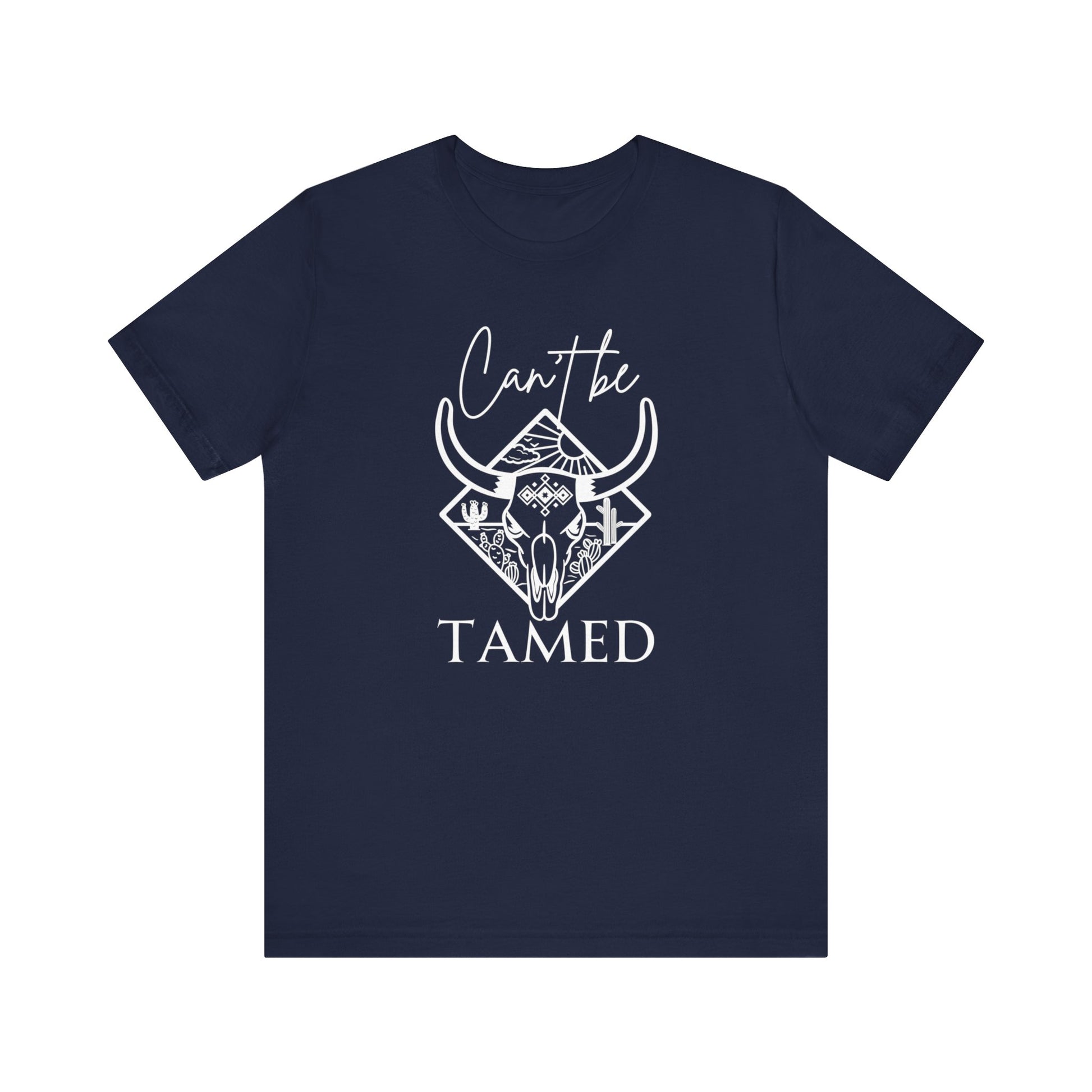Comfortable Unisex T-Shirt stating 'Can't Be Tamed' in color navy