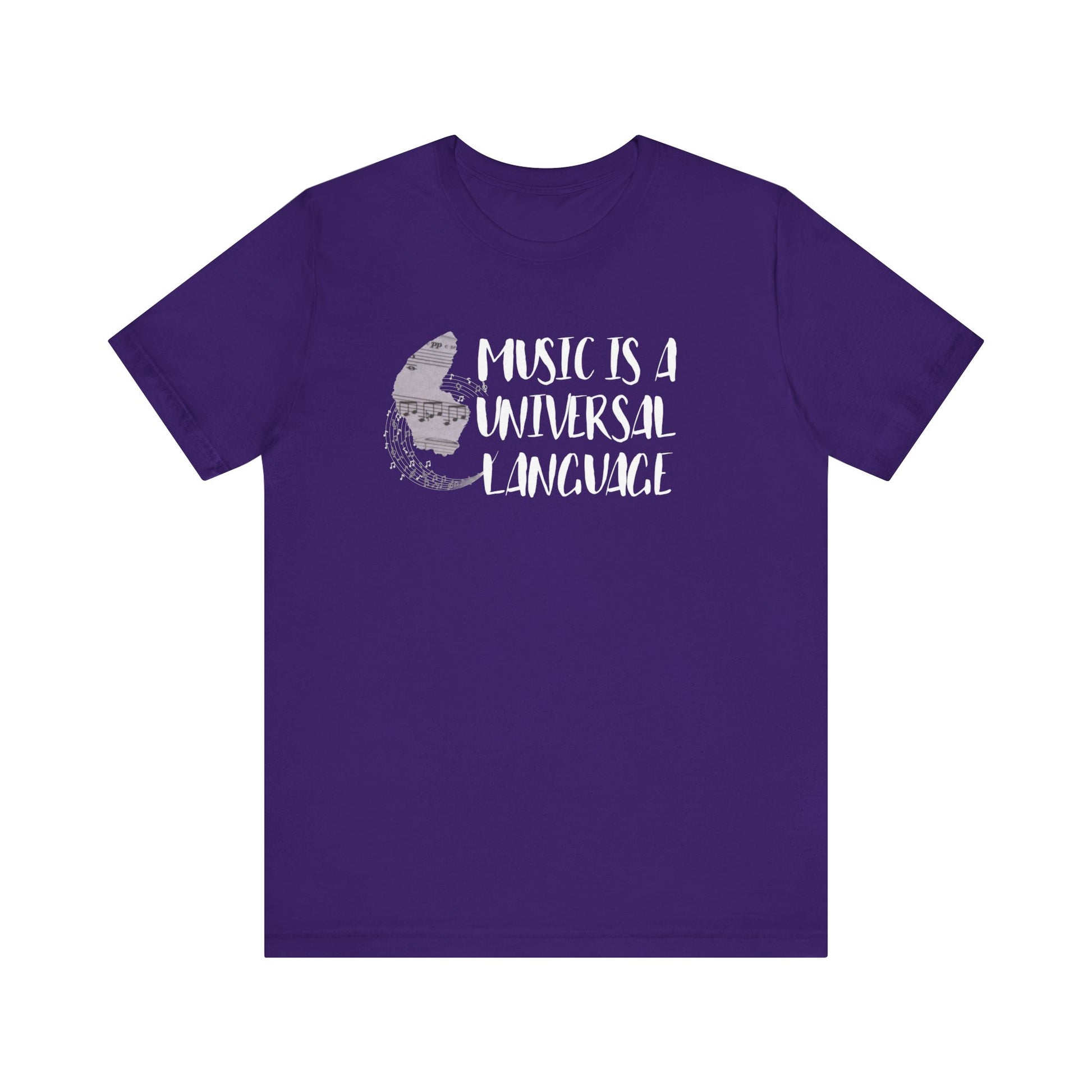 Unisex graphic good vibes tee stating 'Music is a universal language' in color purple
