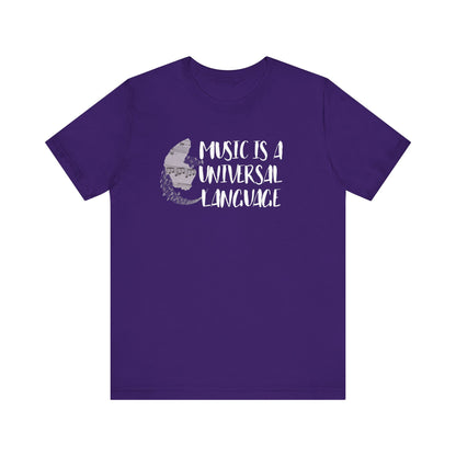 Unisex graphic good vibes tee stating 'Music is a universal language' in color purple