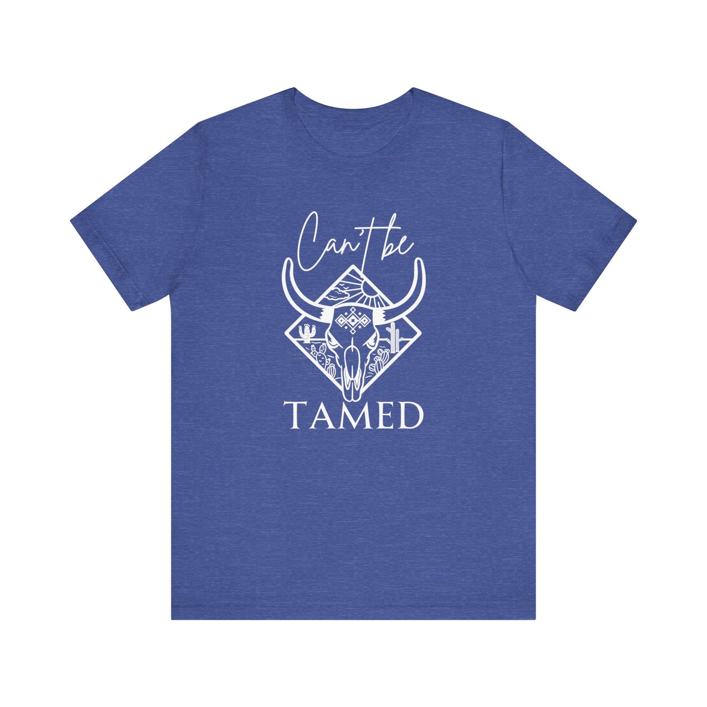 Comfortable Unisex T-Shirt stating 'Can't Be Tamed' in color Columbia heather