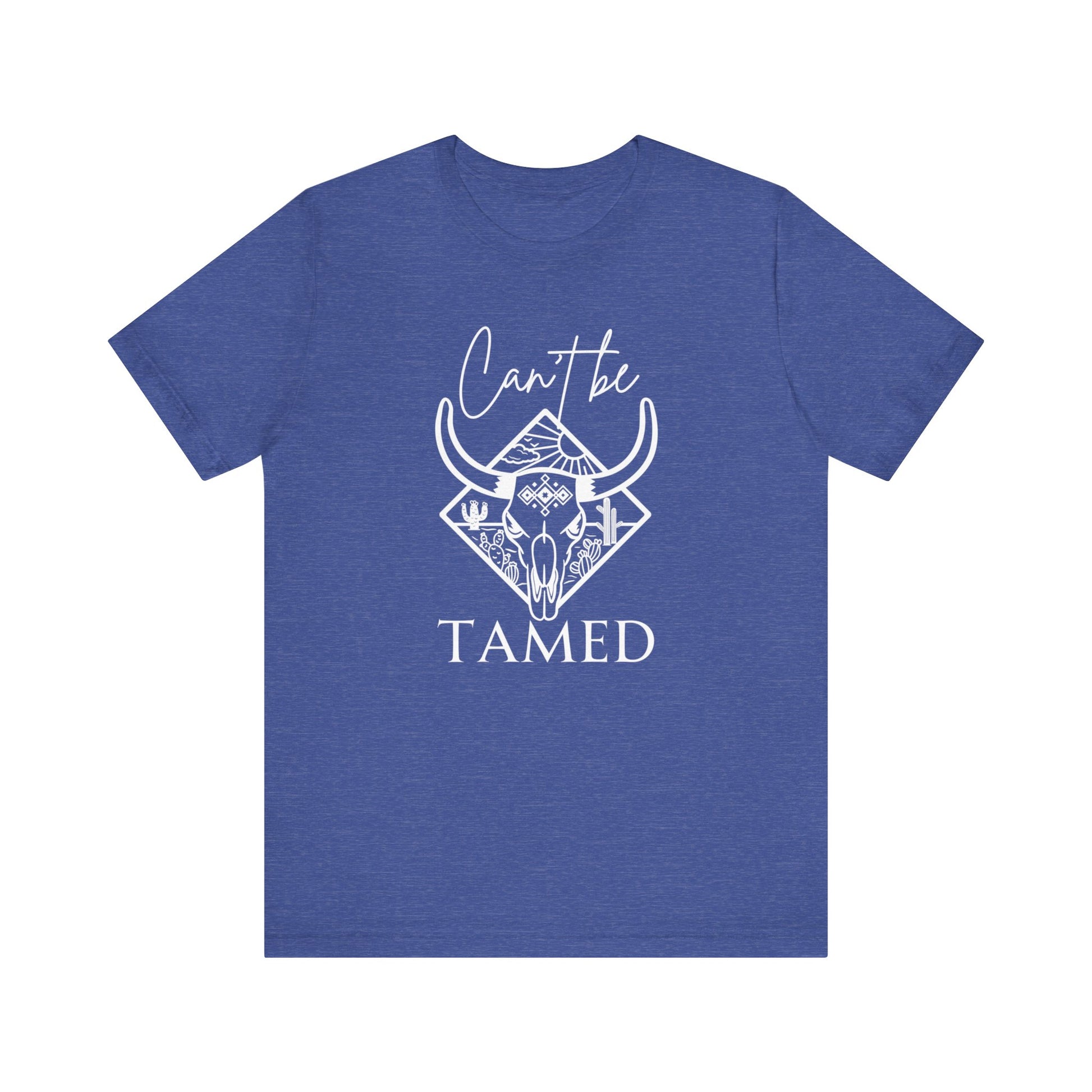 Comfortable Unisex T-Shirt stating 'Can't Be Tamed' in color Columbia heather