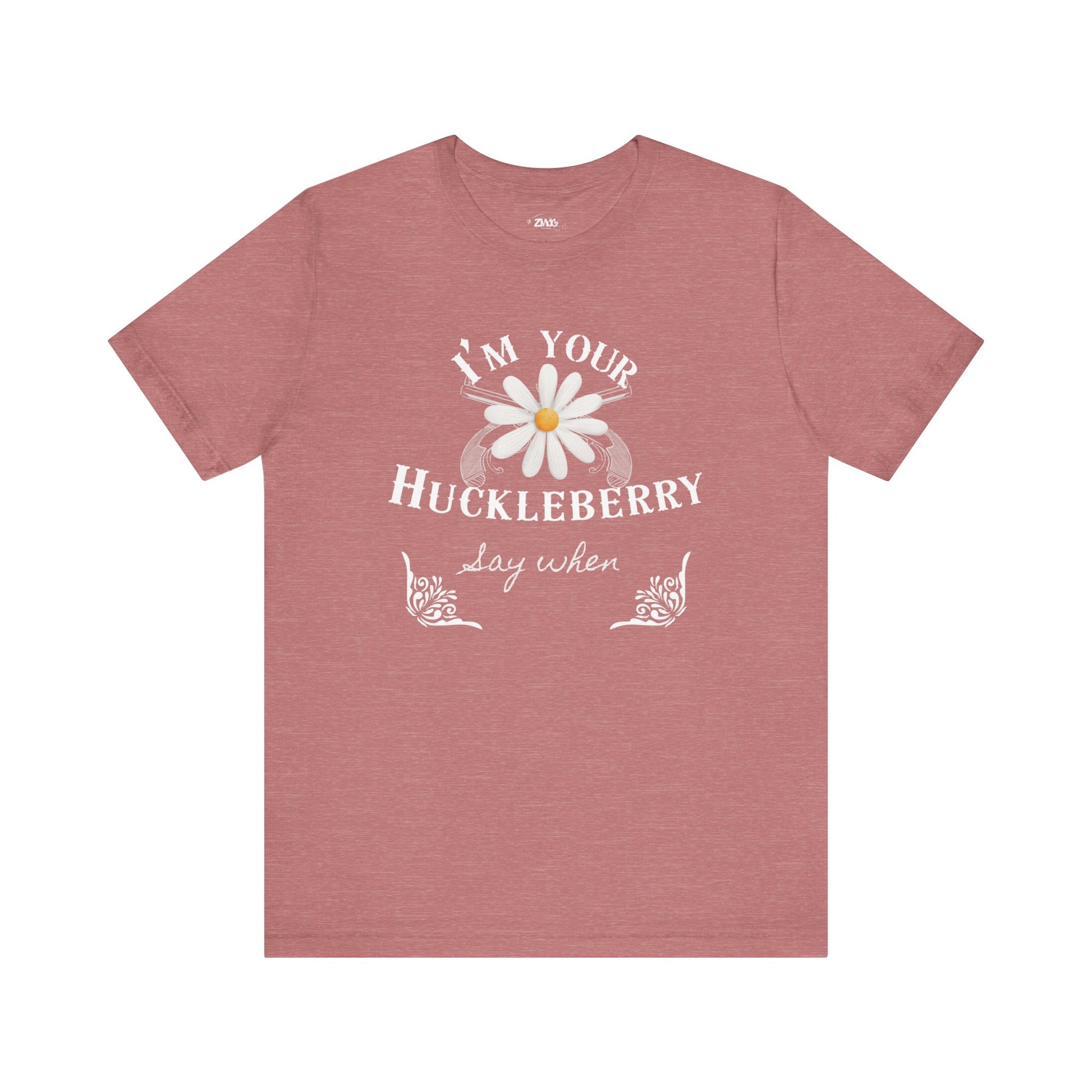 comfortable graphic t-shirt stating I'm Your Huckleberry - Say When in color  heather mauve