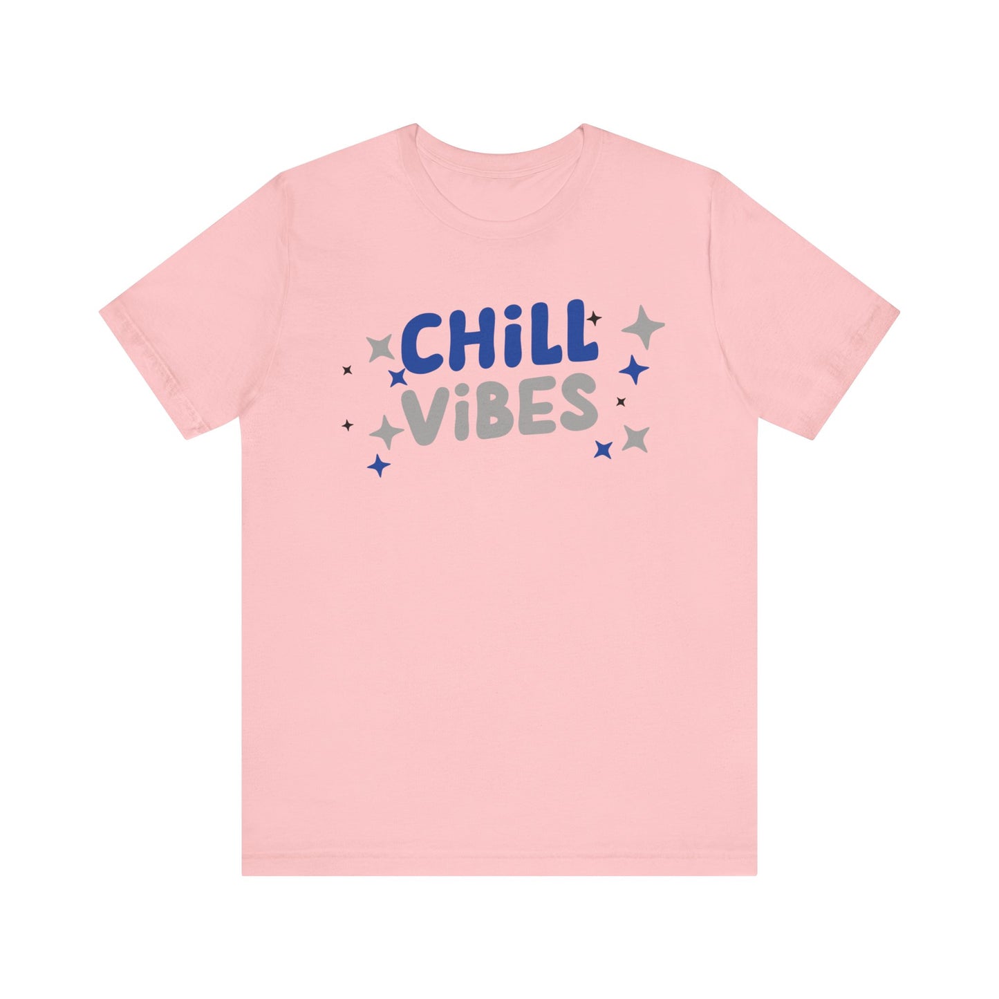 Cotton graphic tee stating 'Chill Vibes' in color pink