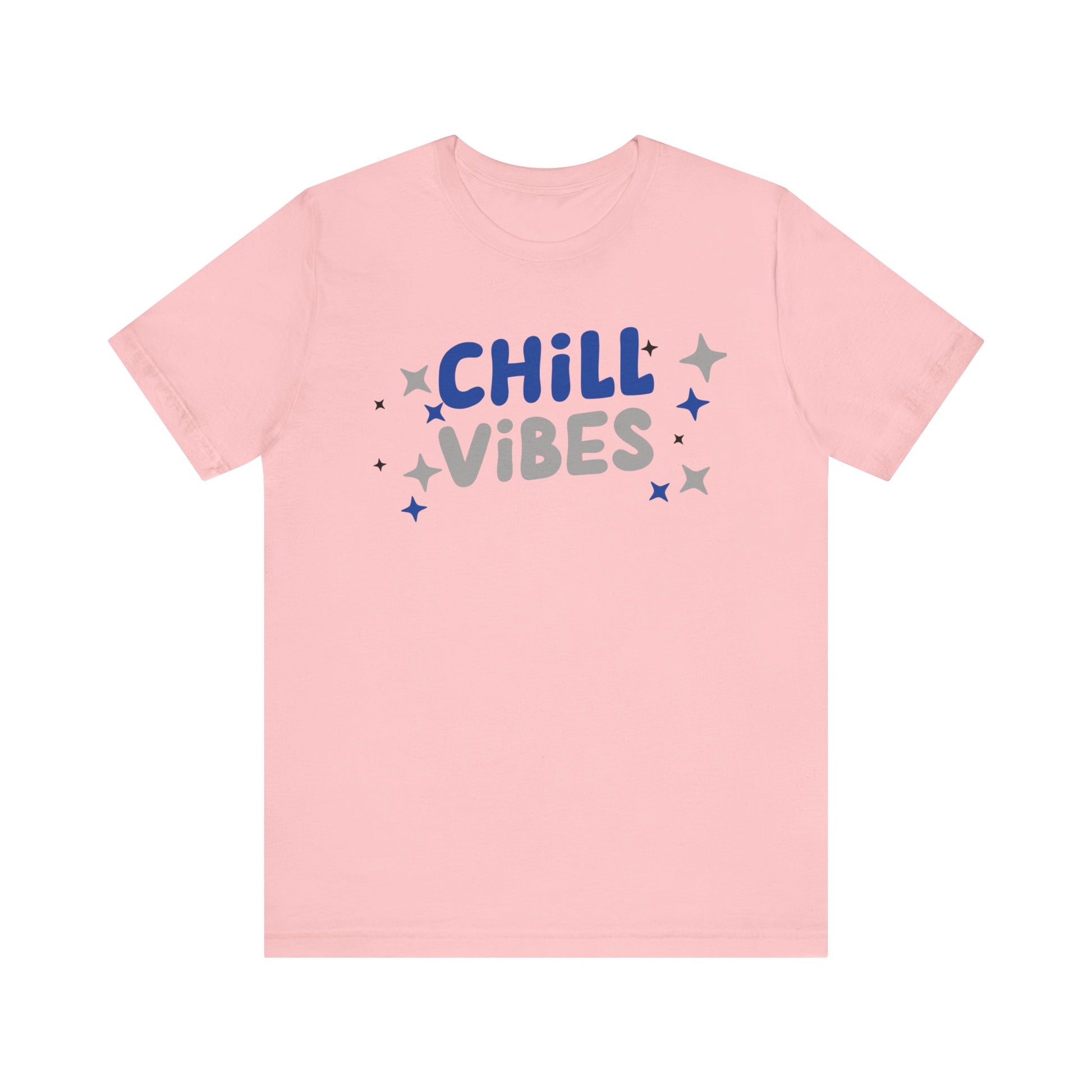 Cotton graphic tee stating 'Chill Vibes' in color pink